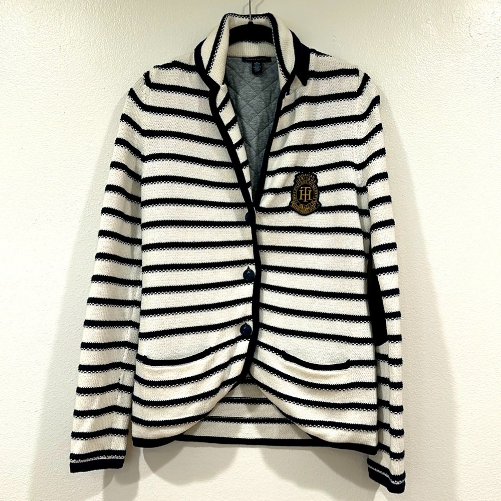 Tommy Hilfiger White Navy Blue Stripe Cardigan Wool Cardigan Jacket Size XS